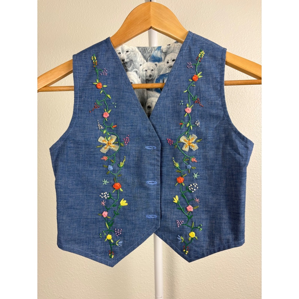 Kids Blue Reversible Vest Floral Embroidery Arctic Animal Polar Bear Print - Picture 2 of 7